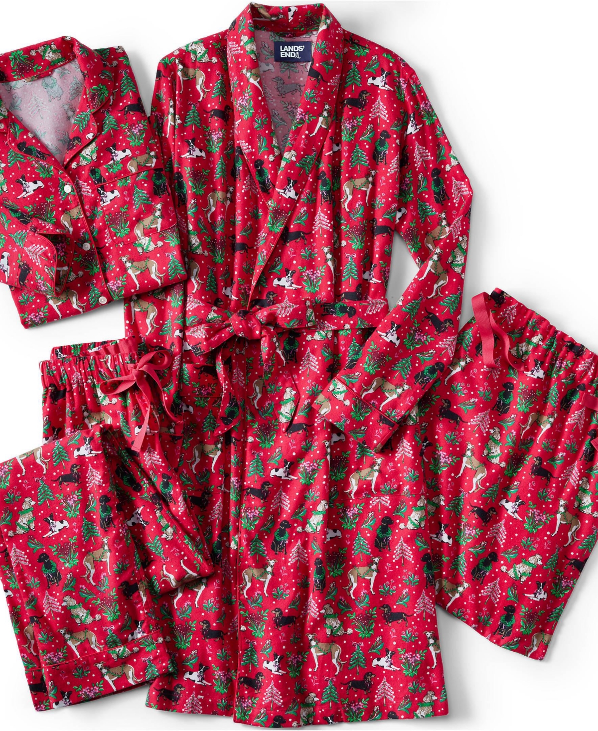 Lands' End Women's Drapey Flannel 4 Piece Pajama Set - Long Sleeve Top and Pants Robe and Bag