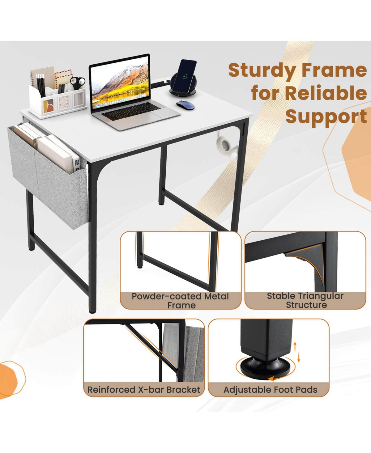 Costway 32" Meeting Room Desk Set of 2 with Charging Station & Headphone Hook Metal Frame