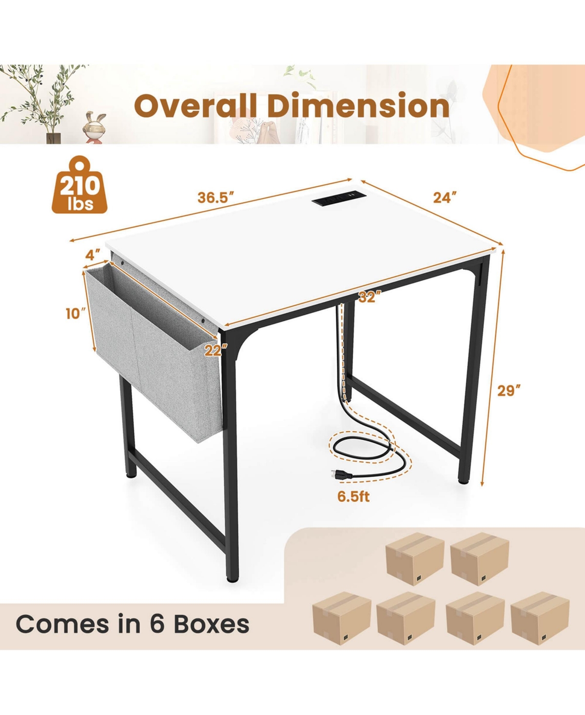 Costway 32" Meeting Room Desk Set of with Charging Station & Headphone Hook Metal Frame