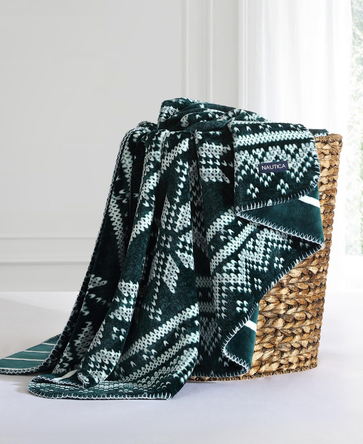 Nautica Brushed Flannel Throw, 70" X 50" In Green,ivory,grey