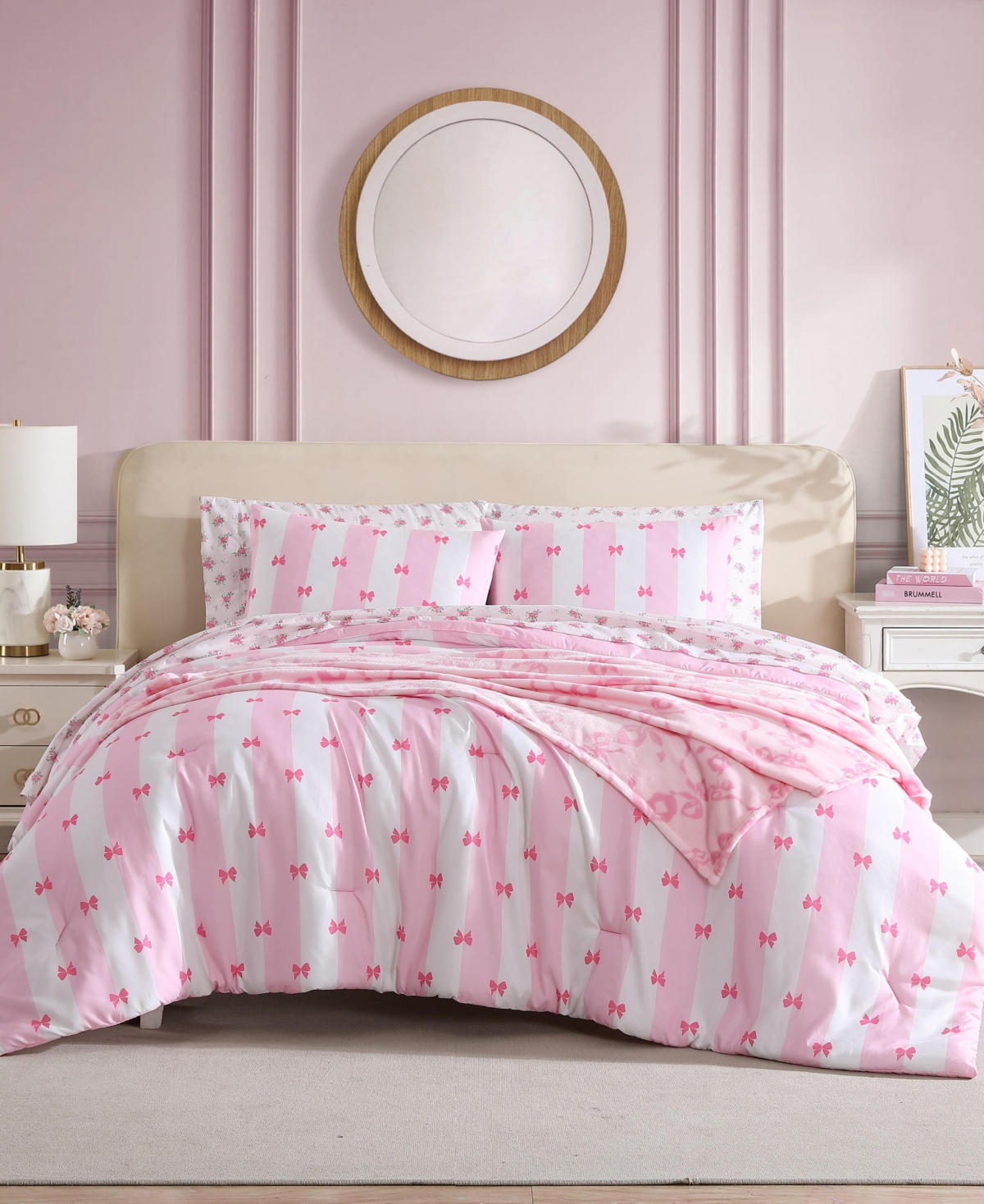 Betsey Johnson Bow Stripe Reversible 8-pc. Comforter Set, Queen In White,light Pink,hot Pink
