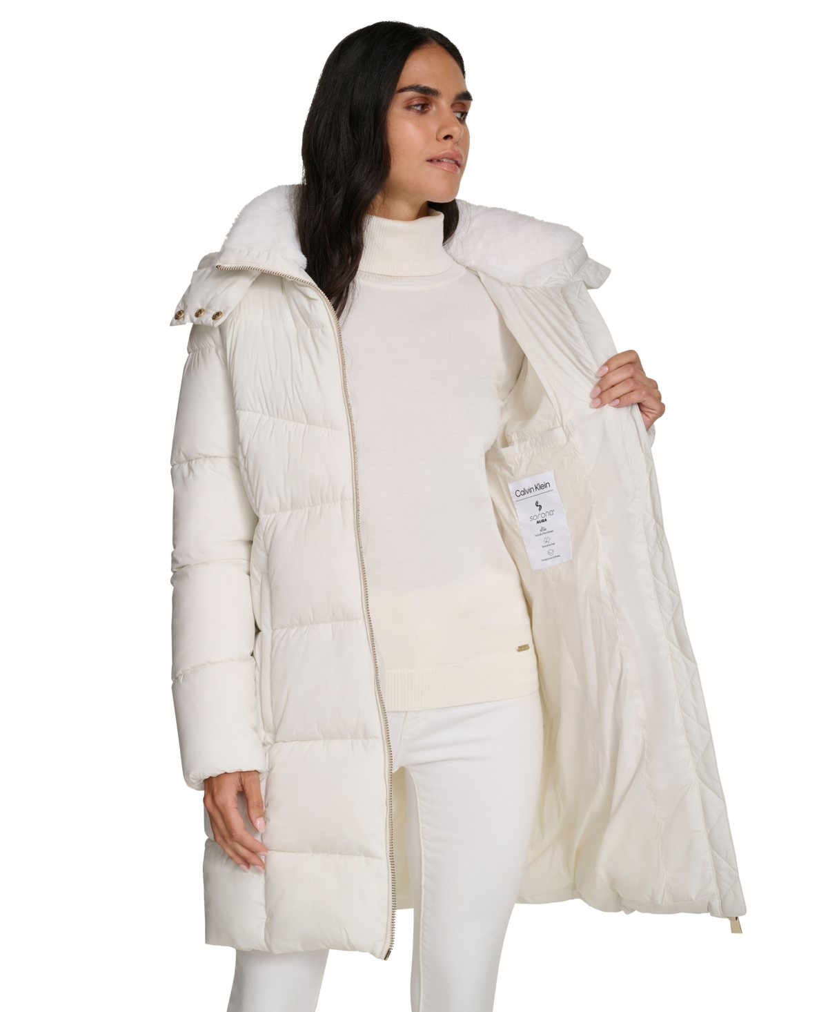 Calvin Klein Faux Shearling Lined Down Puffer Jacket In Eggshell