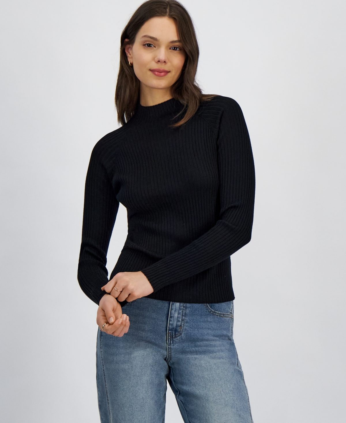Hooked Up By Iot Juniors' Mock-neck Rib-knit Sweater In Black