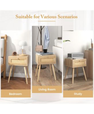 2 PCS Nightstand Bedside Sofa Table with Rattan Drawer for Bedroom & Living Room