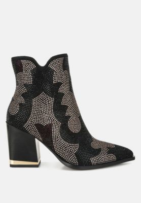 Womens Zarka Rhinestones Embellished Block Heel Boots