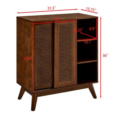 31.5" Mid-Century MDF & Rattan Adjustable Shelves, Charging Outlet, Solid Wood Legs Dark Wood Sideboard Cabinet
