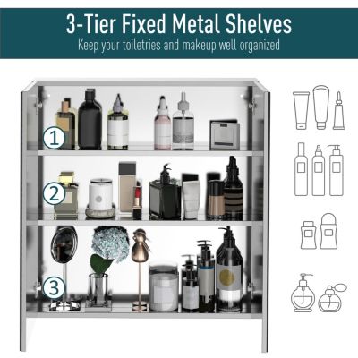 Bathroom Mirrored Cabinet, 24"x26" Stainless Steel Frame Medicine Cabinet, Wall-Mounted Storage Organizer with Double Doors, Silver