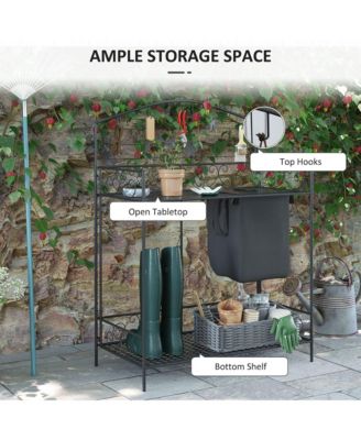 Folding Potting Bench Table, Metal Garden Workstation, Work Bench with Large Build-In Bag with Cover, 5 Hanging Hooks & Storage Shelf, Flourishes