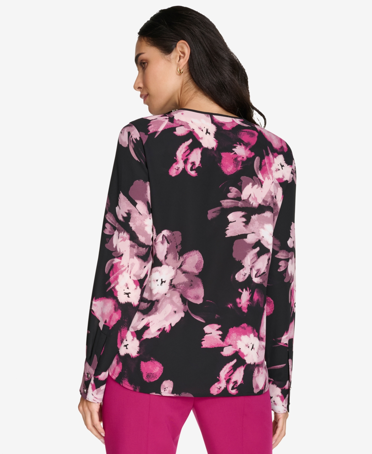 Shop Calvin Klein Women's Petite Keyhole Long-sleeve Blouse In Black Multi