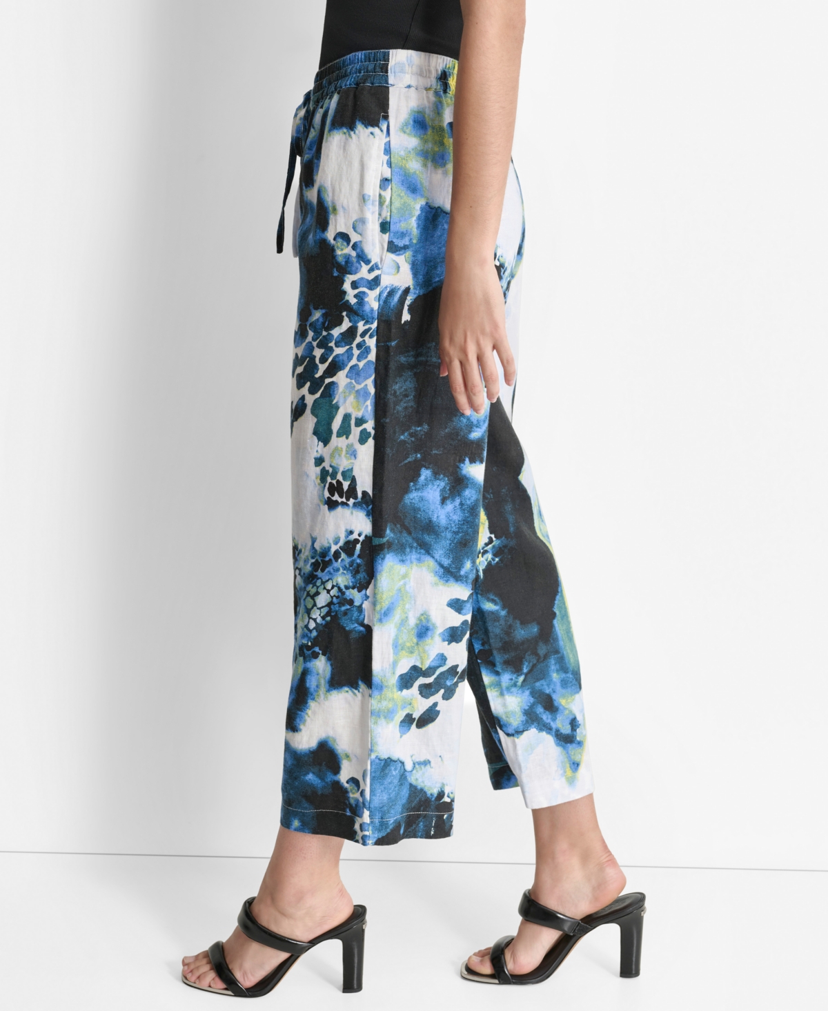Dkny Floral Print Straight Leg Linen Ankle Pants In Abstr Peac
