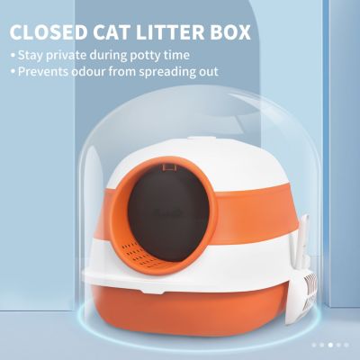 Cat Litter Box with Lid, Covered Litter Box w/ High Sides, Air Freshener, Large Two-Way Entrance Kitty Litter Box, Foldable, Easy Clean, Orange, and Black