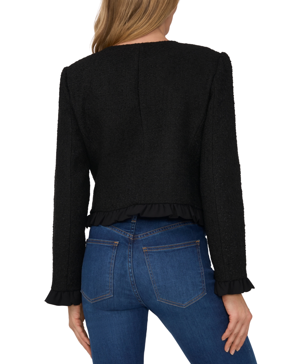 Shop Cece Women's Ruffle-trim Boucle Button-front Cropped Jacket In Rich Black