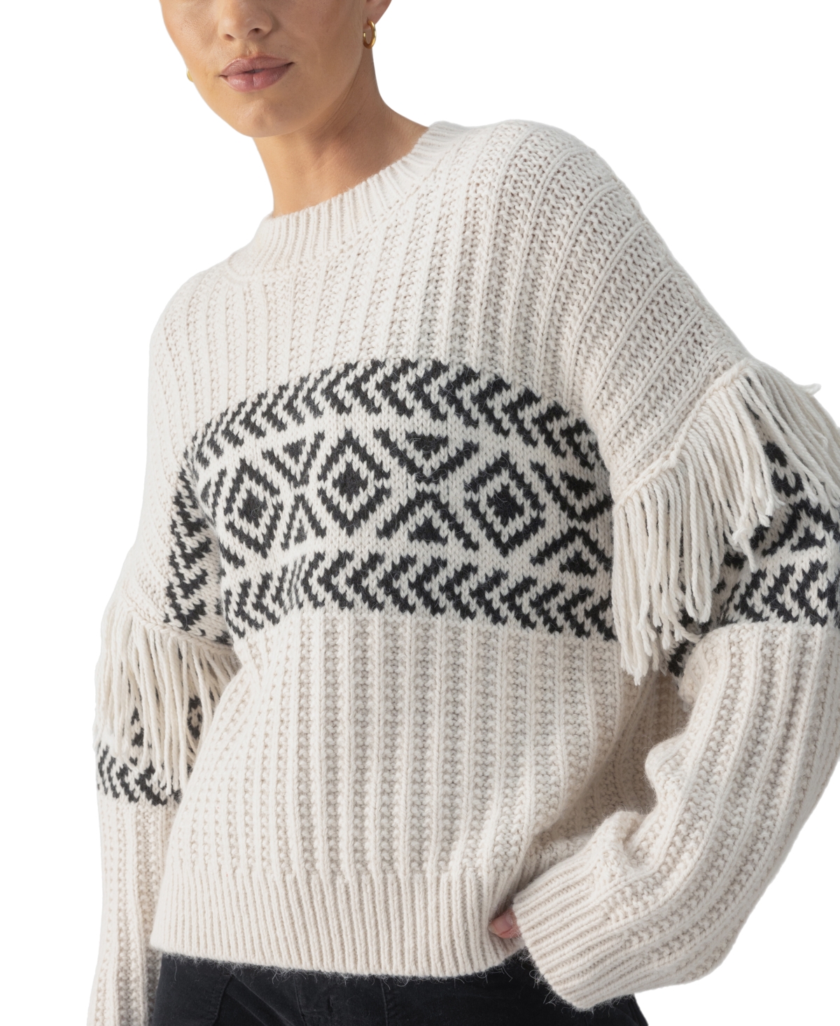 Sanctuary Women's Artisan Fringe-Trim Sweater - Chalk And Black