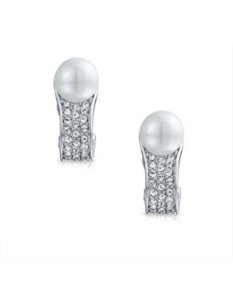 Crystal Pearl Huggie Clip-On Earrings Non-Pierced Ears Silver Plated