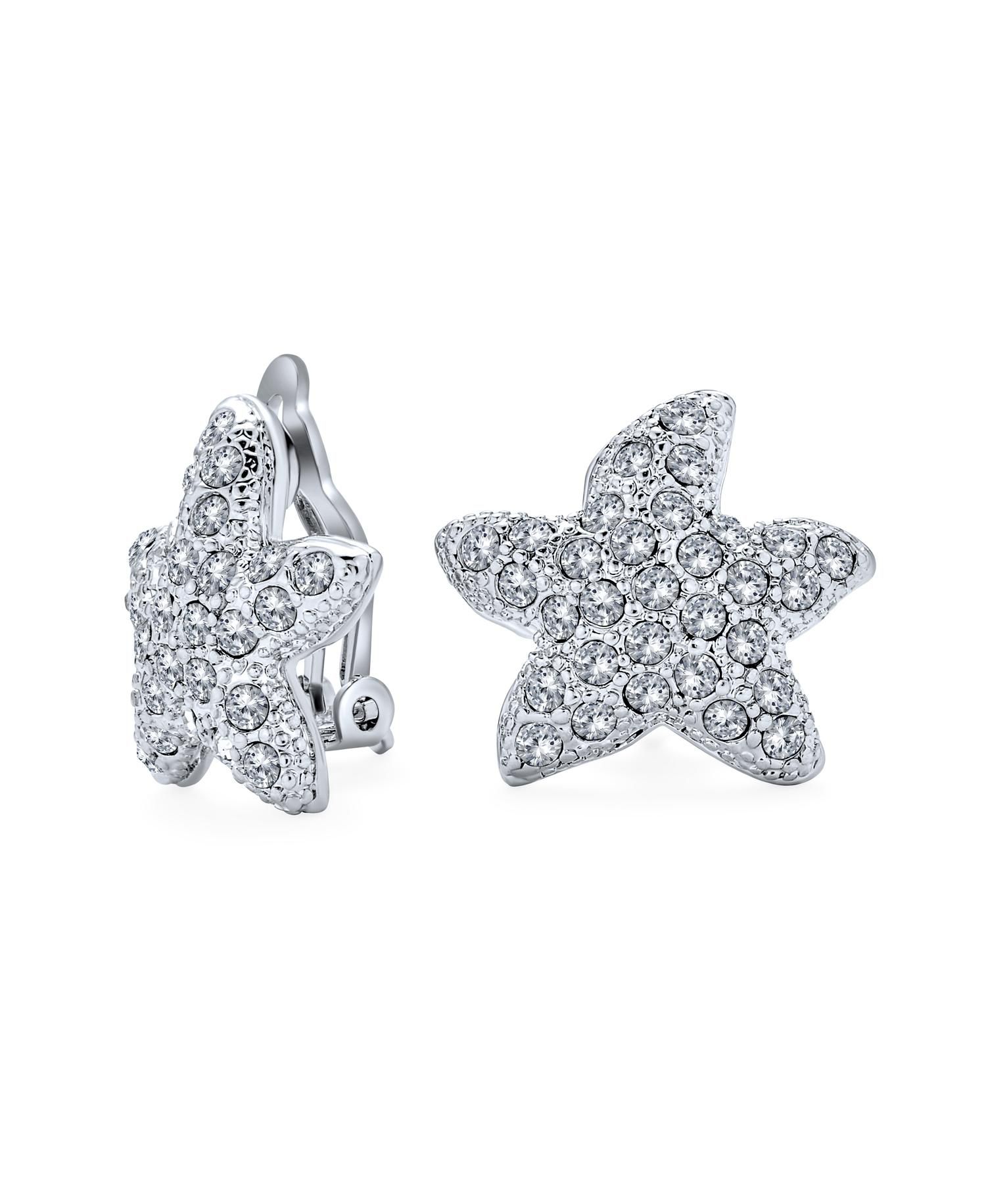Nautical Beach Crystal Starfish Clip On Earrings Non Pierced Silver Plated