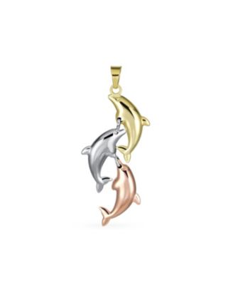 Vacation Real Tri Color 14K Yellow Rose White Gold Nautical Trio Sea Life Fish Charm 3 Dolphin Family Necklace Pendant  No Chain