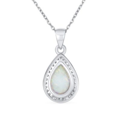 CZ Halo Solitaire White Opal Teardrop Pendant & Earrings Jewelry Set