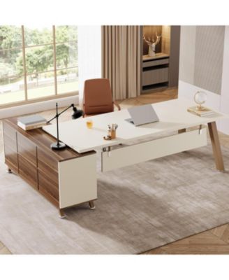 71-Inch Engineered Wood and Metal Large Office Desk with Storage Shelves, Executive L-Shaped Desk
