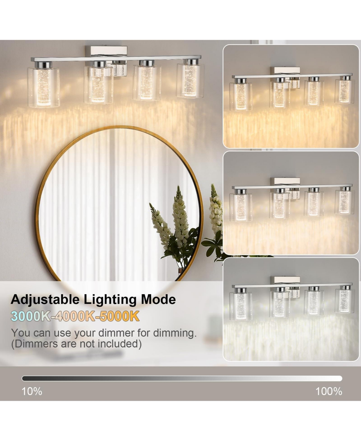 gaomon 4-Light Bathroom Light Fixtures, Chrome Bathroom Vanity Light - 3 Color Dimmable Vanity Lights with Crystal Bubble, Bathroom Lighting Fixtures