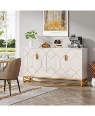 59" White Gold Buffet Cabinet with Storage Kitchen Sideboard Storage Cabinet