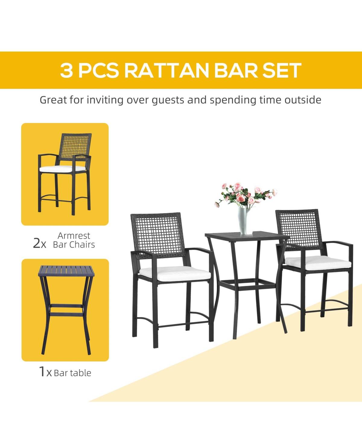 Streamdale Furniture 3pcs Patio Bar Set with Soft Cushion, Rattan Wicker Outdoor Furniture Set for Backyards, Lawn, Deck, Poolside
