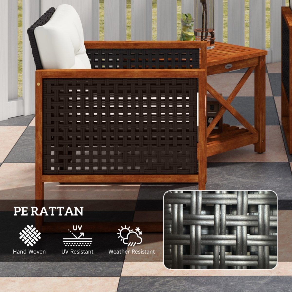 Streamdale Furniture 3 Pieces Patio Bistro Set Wooden with Cushions, Pe Wicker Patio Furniture Outdoor for Porch, Backyard, Garden,- Brown