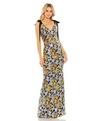 パーティードレス Mac Duggal Embellished Bow Gown Mac Duggal Women's Embellished Bow Strap V Neck Column Gown