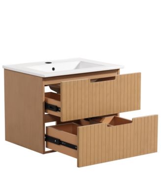 24 Inch Floating Bathroom Vanity with Ceramic Sink, Modern Bath Storage Cabinet Vanity with Drawers Wall Mounted Combo Set for Bathroom, Light Brown