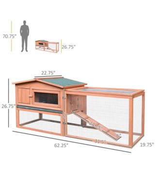Rabbit Hutch 2-Story Bunny Cage Small Animal House with Slide Out Tray, Detachable Run, for Indoor Outdoor, 61.5" x 23" x 27", Natural