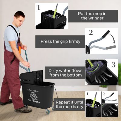 Mop Bucket with Wringer on Wheels for Floor Cleaning, 21 Quart, Separate Dirty and Clean Water, Black