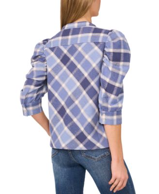 Women's Cotton Plaid Puff Elbow-Sleeve Shirt