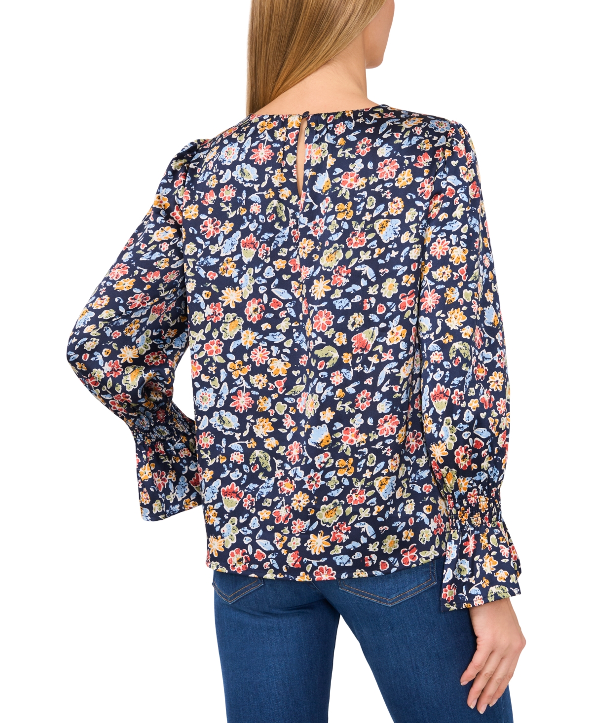 Cece Smocked Cuff Blouse In Classic Navy