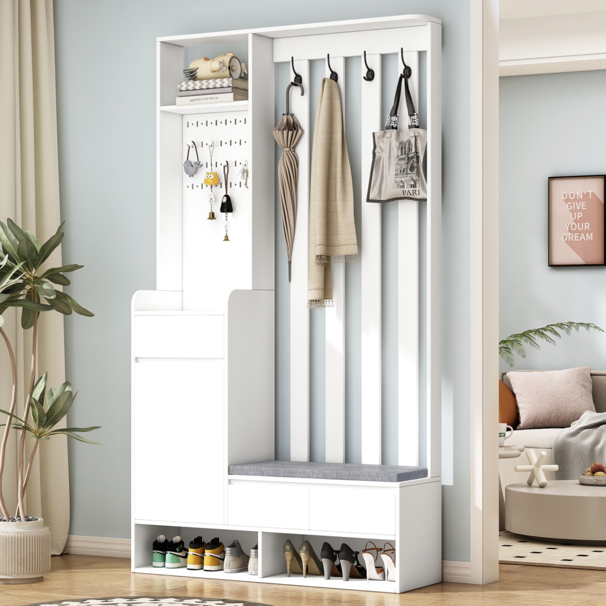 Contemporary 39.3&#x22; Wx70.8&#x22; H Hall Tree Storage with Cushioned Storage Bench, Multifunctional Hallway Shoe Cabinet with Pegboard, Modern Coat