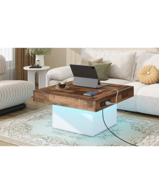 Farmhouse Coffee Table with USB & Outlets, Rustic LED Cocktail Table, 31