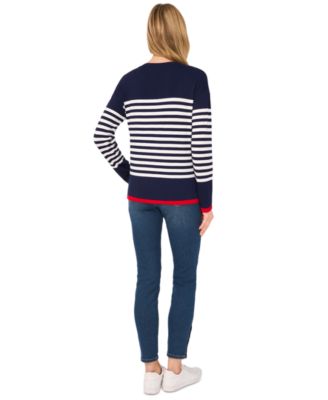 Women's Valentine's Crewneck Sailor Stripe Heart-Trim Long-Sleeve Sweater