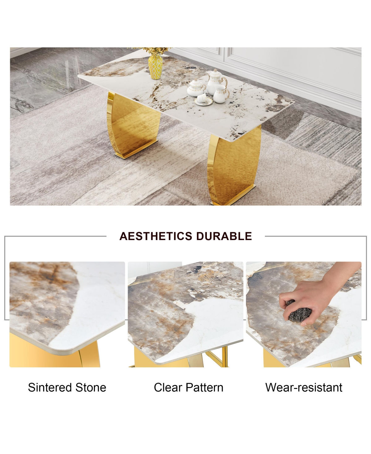 Streamdale Furniture Table and chair set, rock plate table top, gold metal table legs, stable and beautiful, suitable for most home styles. Modern sim