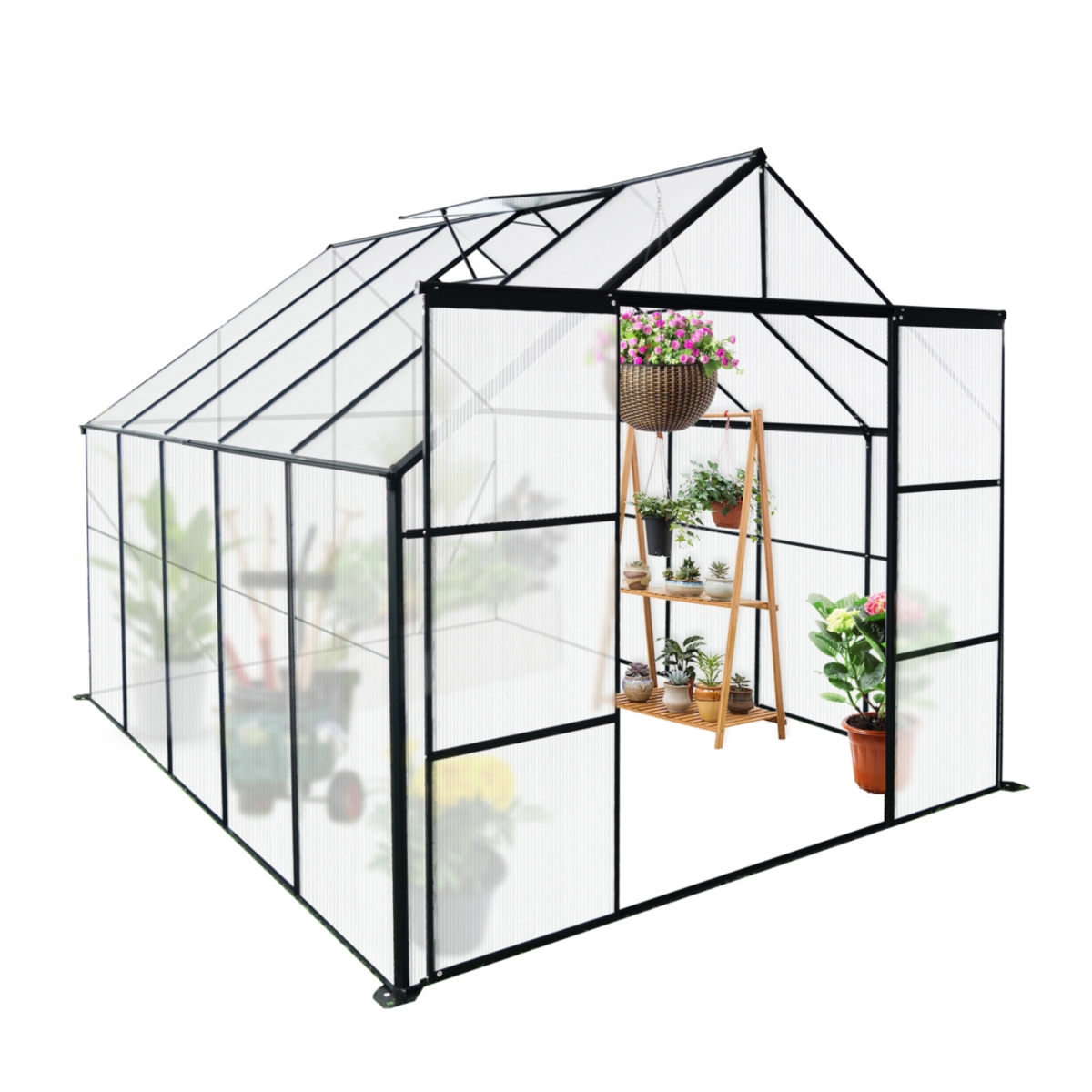 8x10FT Double Door Polycarbonate Greenhouse Raised Base and Anchor Aluminum Heavy Duty Walk-in Greenhouses for Outdoor Backyard in All Season, Black