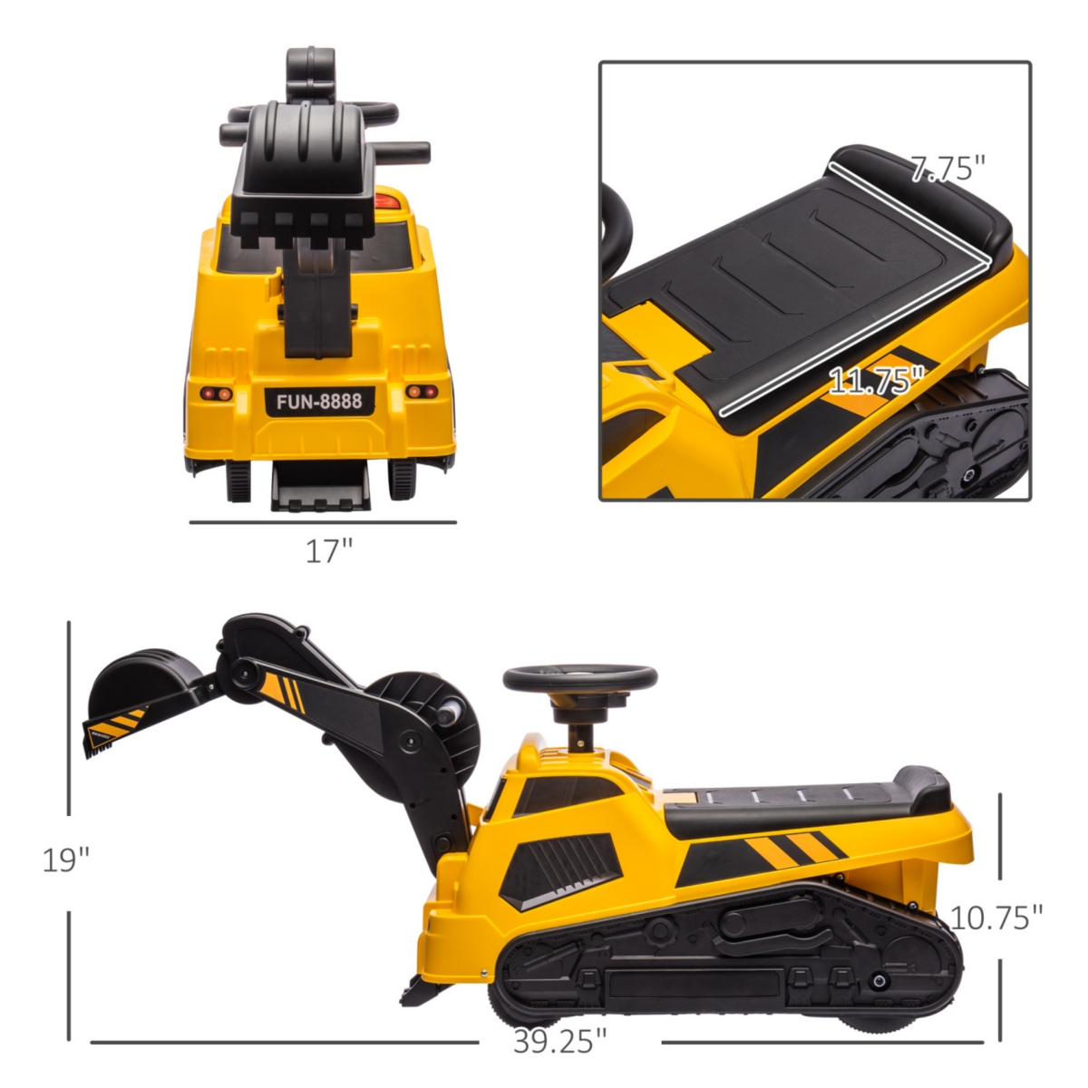 Streamdale Furniture 3 in Ride on Excavator Bulldozer Road Roller, No Power Ride on Construction Pretend Play with Music, for 18-48 Months