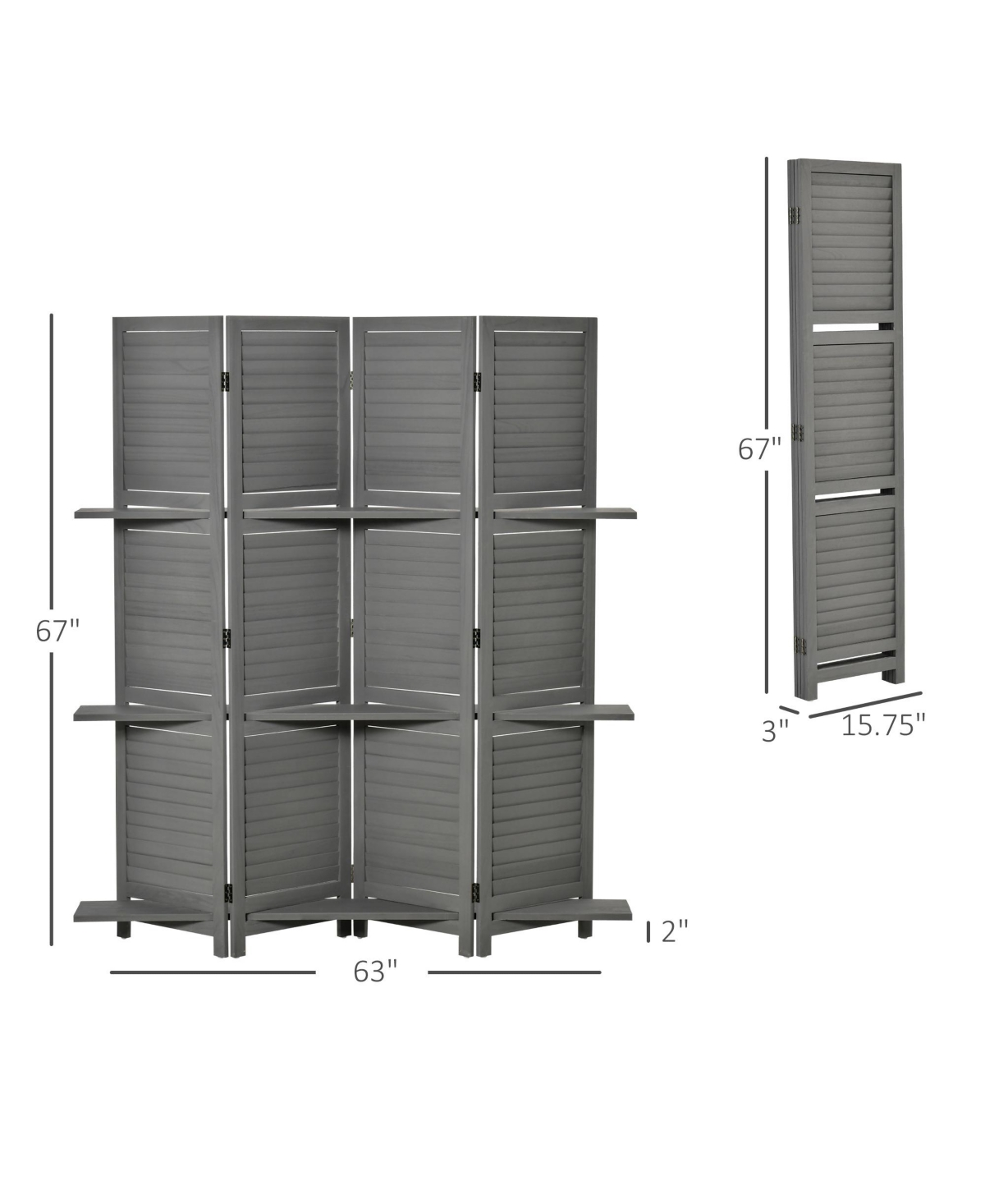 Streamdale Furniture 4-Panel Folding Room Divider, 5.6 Ft Freestanding Paulownia Wood Privacy Screen Panel with Storage Shelves for Bedroom or Office