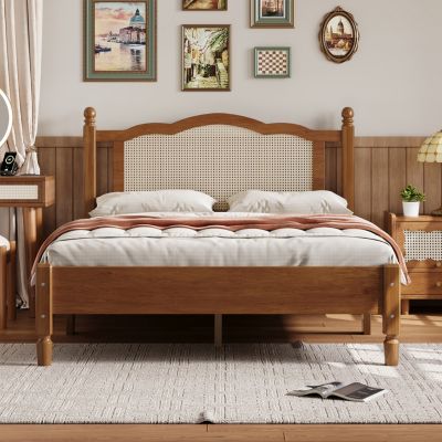 Walnut Platform Bed with Rattan Headboard