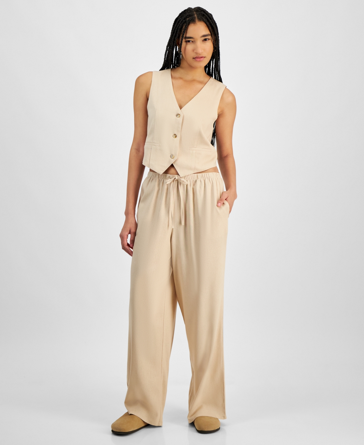 Hippie Rose Juniors' Striped Wide-leg Drawstring Linen-blend Pants In Warm Sand