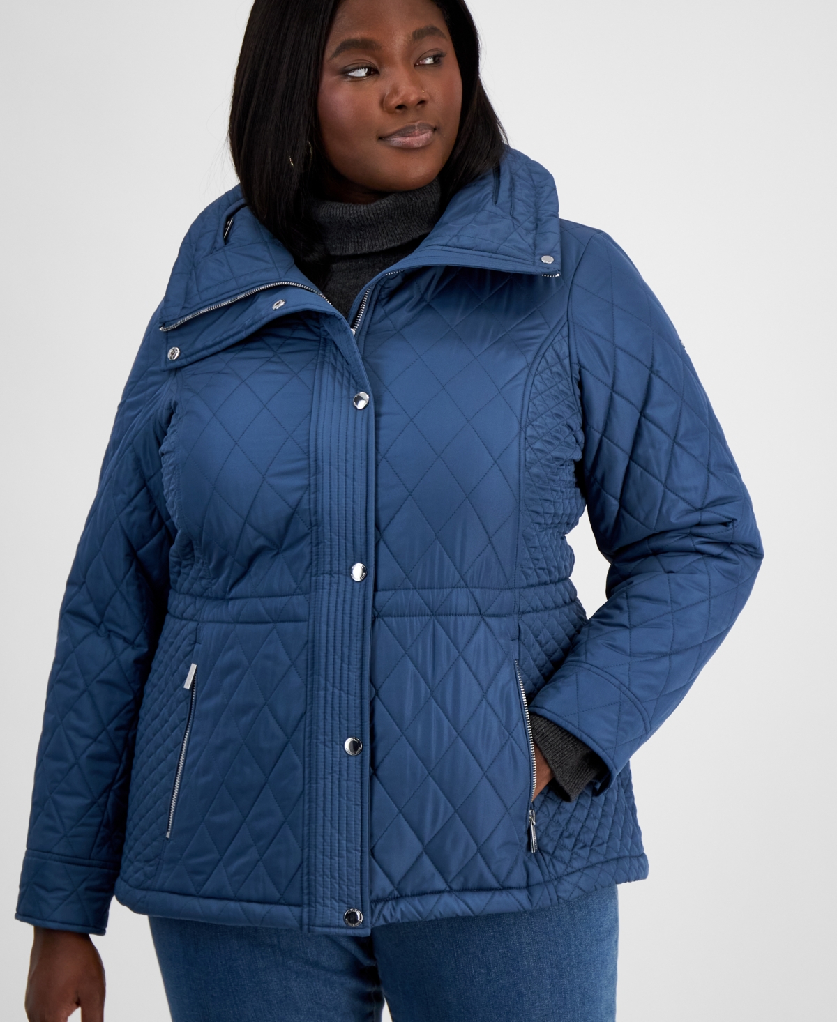 Michael Kors Michael  Plus Size Quilted Hooded Anorak Coat In Dark Chambray