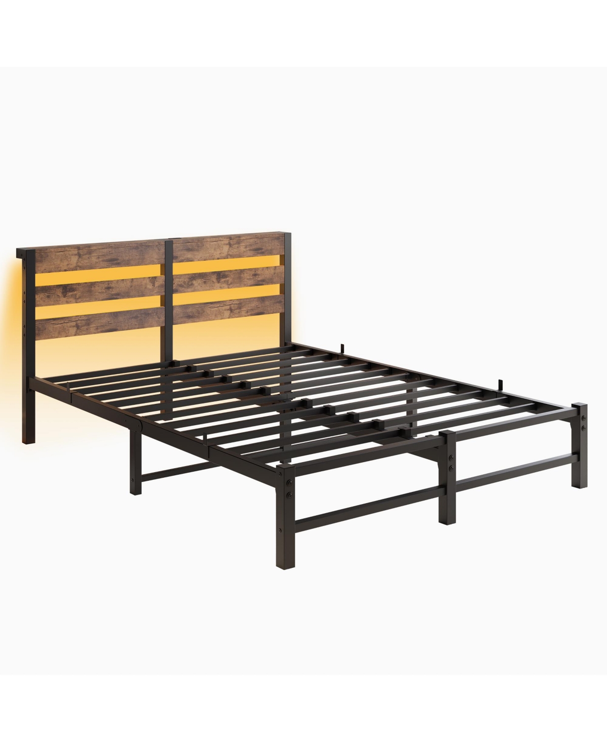Simplie Fun Queen Size Metal Bed Frame with Wooden Headboard, Rgb Lights, Charger, Storage Shelf, Noise-Free, No Box Spring Needed, Rustic Brown