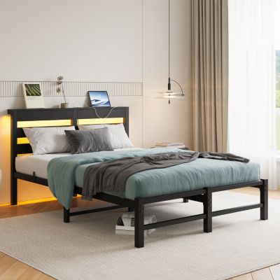 Streamdale Modern Metal Bed Frame with Lights, Outlets, Storage