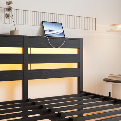 Streamdale Modern Metal Bed Frame with Lights, Outlets, Storage