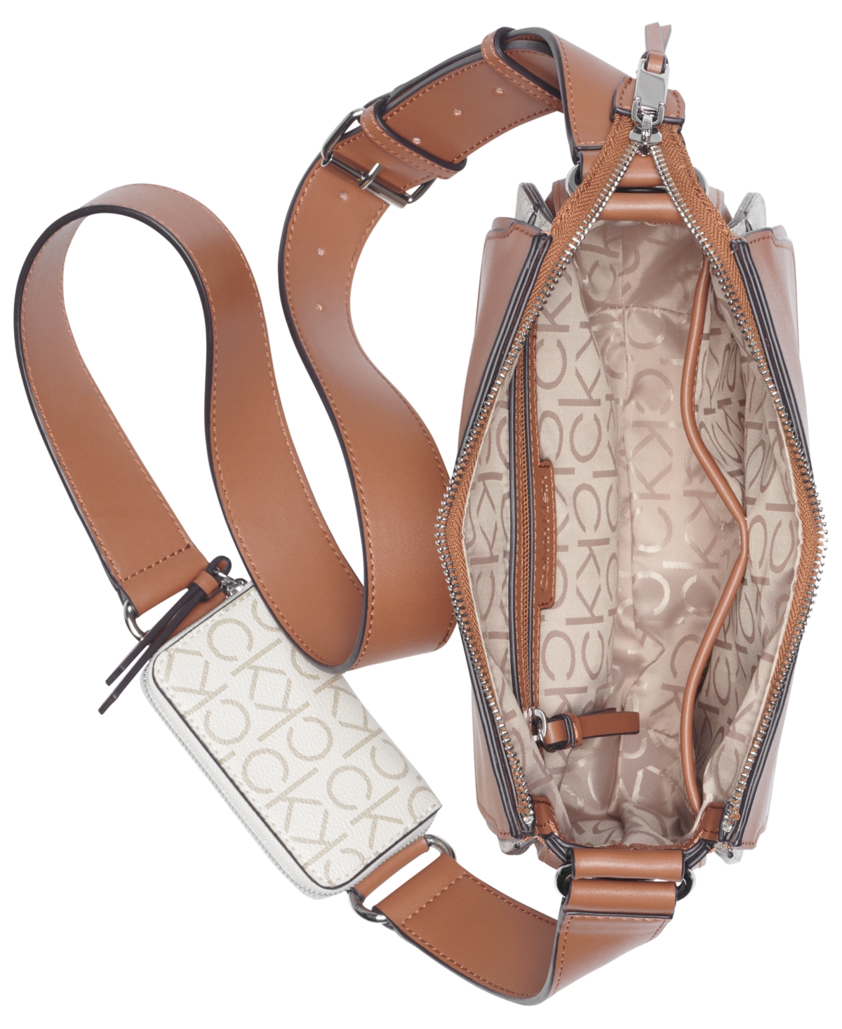 Calvin Klein Bella Signature Adjustable Crossbody In Van Khk,caramel