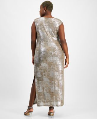 Connected Plus Size Metallic-Finish Draped Evening Gown