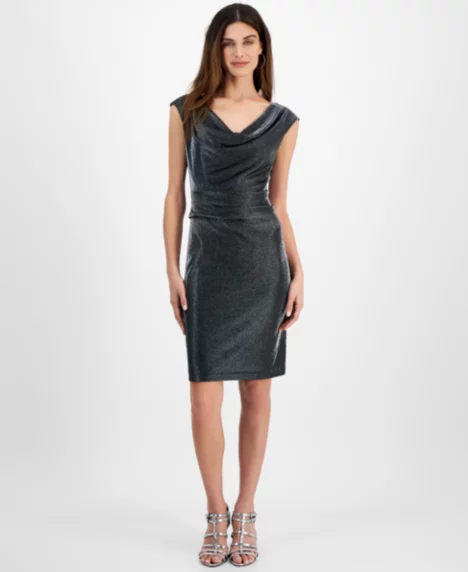 Petite Cowlneck Metallic-Threaded Cocktail Dress - Silver
