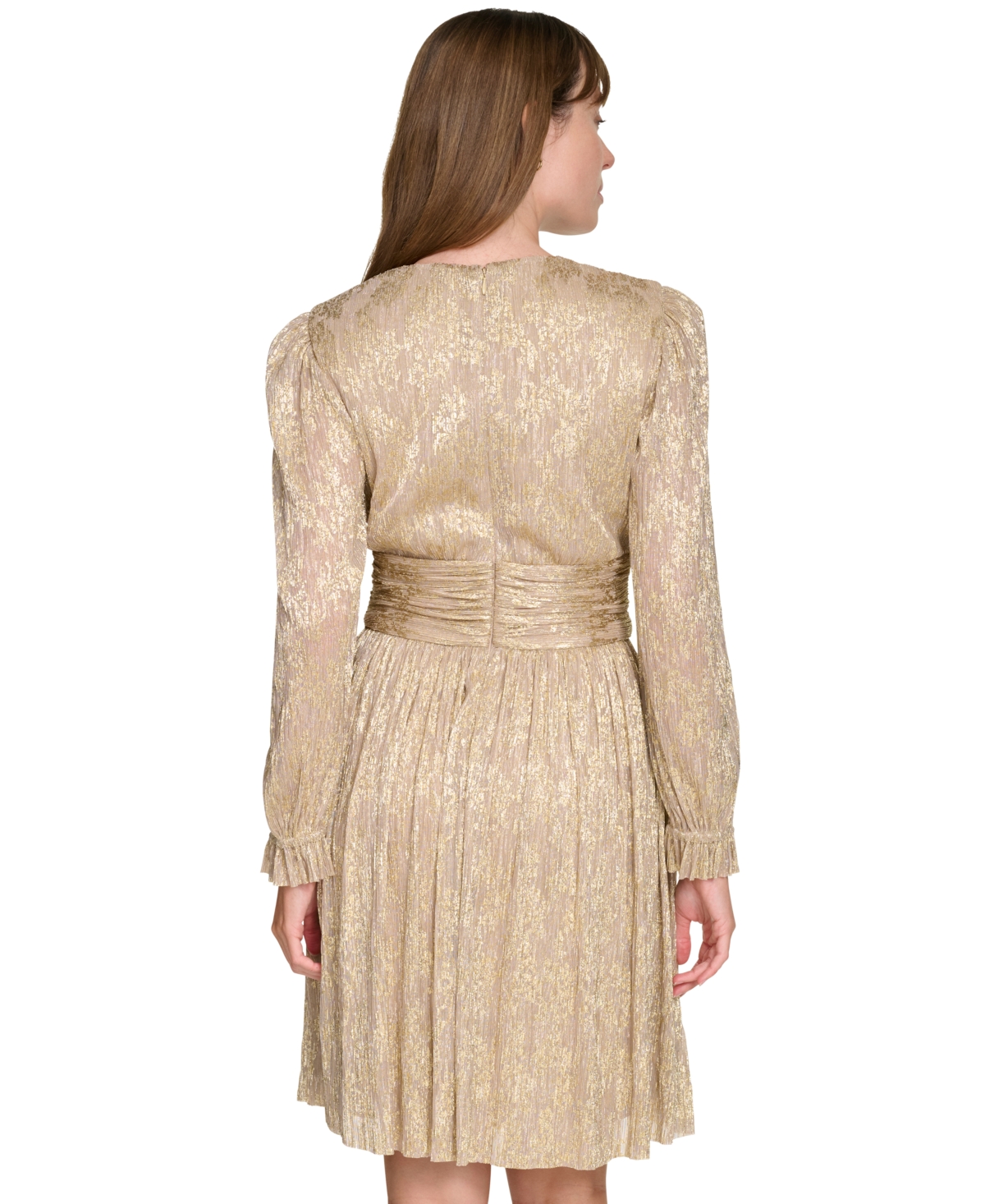 Tommy Hilfiger Women's Metallic-Print Crinkled Fit & Flare Dress -Gold