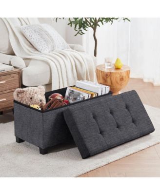 Foldable Tufted 30 Inch Linen Bench Storage Ottoman with Legs